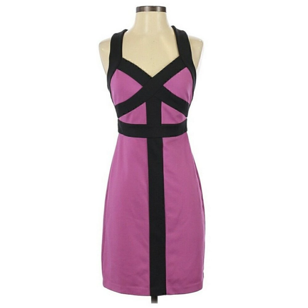 BCBG Paris Womens Sz 2 Purple Black Straps Color Block Body Con Dress